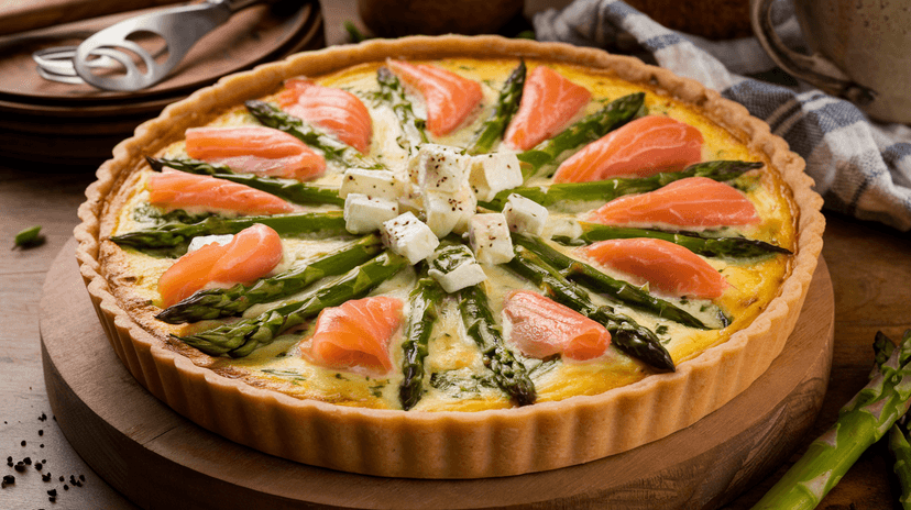 Quiche aux asperges, saumon fumé et feta