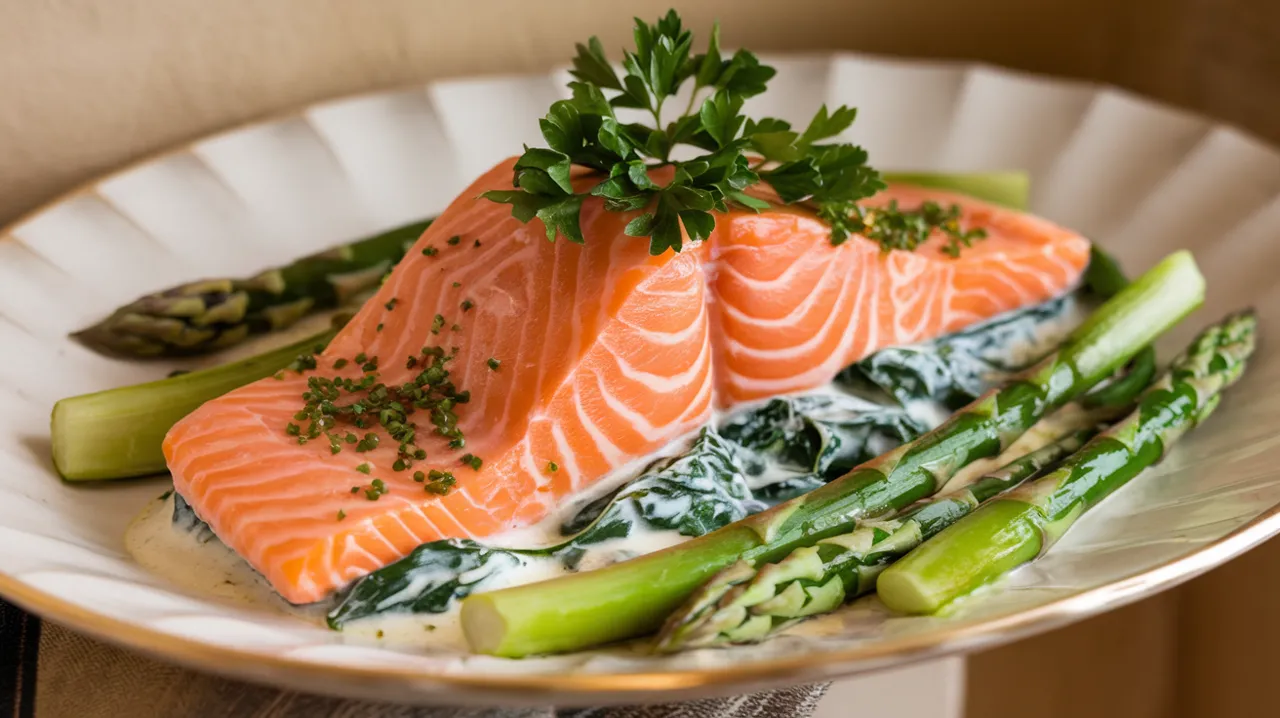 Saumon crémeux aux épinards et asperges vertes