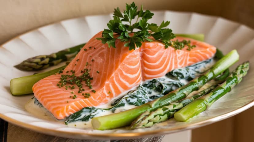 Saumon crémeux aux épinards et asperges vertes