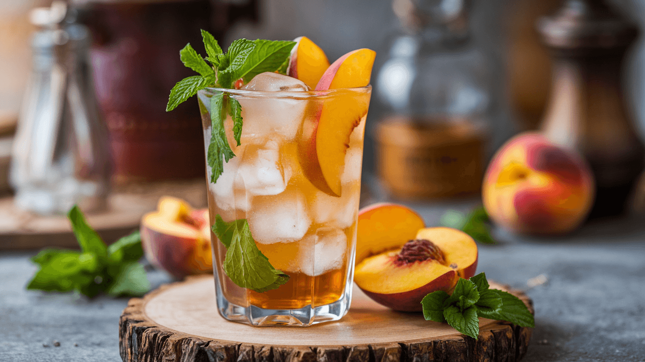 Thé glacé à la pêche et à la menthe fraîche