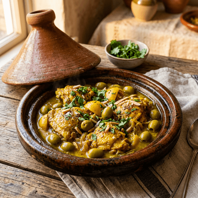 Tajine de poulet au citron confit et olives